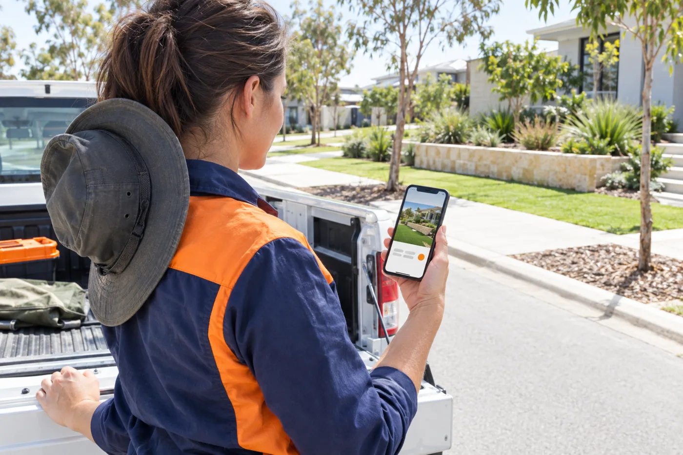 Over the shoulder of a Perth landscaper beside her ute, checking her mobile website, which shows a photo of the garden she has just finished