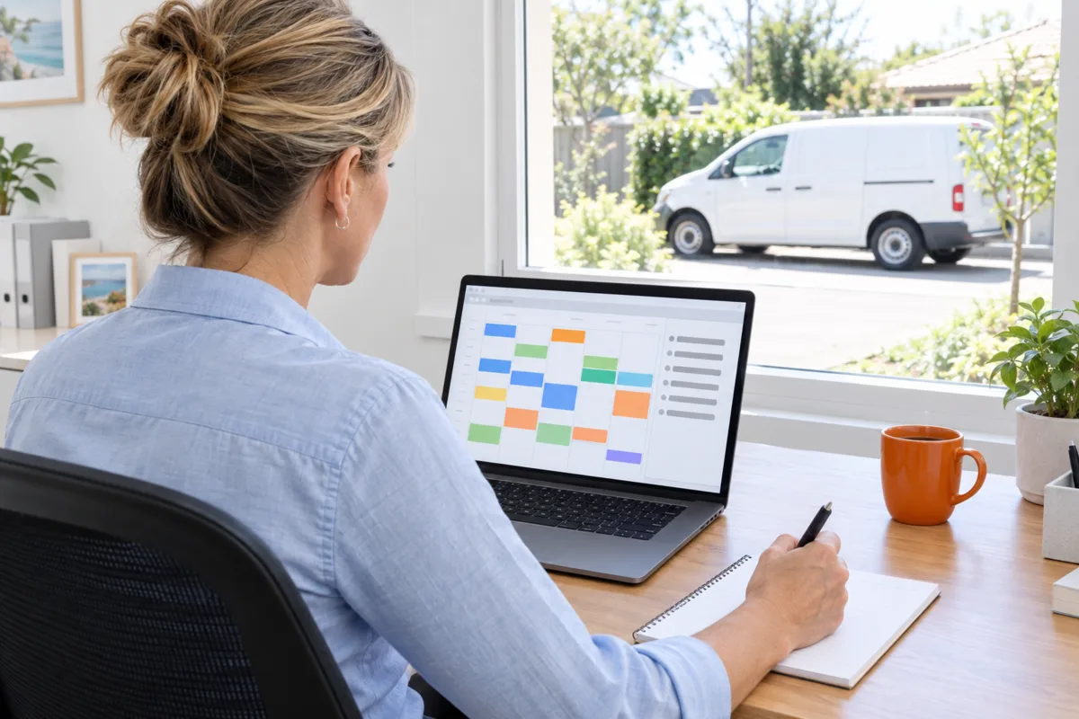 Over the shoulder of the office manager of a family plumbing business in Adelaide, reviewing the week’s job schedule on her laptop with the work van outside