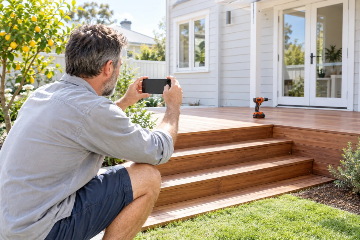 A Melbourne carpenter crouches to photograph the spotted-gum deck and steps he has just finished, for his website project gallery