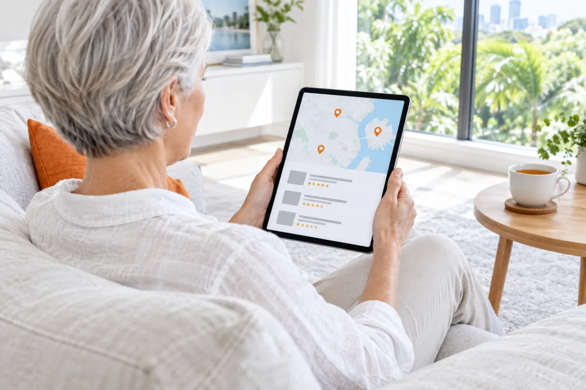 Over the shoulder of a Brisbane homeowner on her couch comparing local tradies on a map with reviews on her tablet