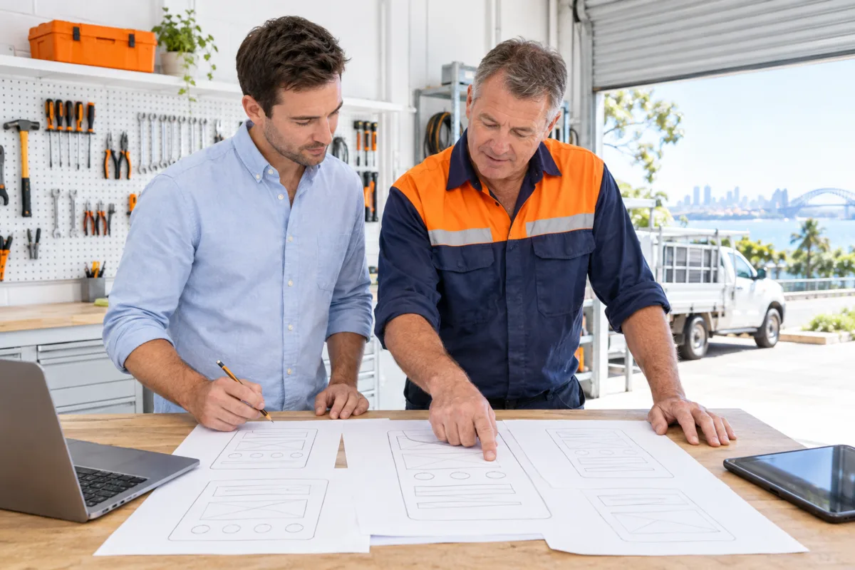 A FactoryJet web designer and a Sydney electrician review paper sketches of his mobile website on a workbench in his workshop