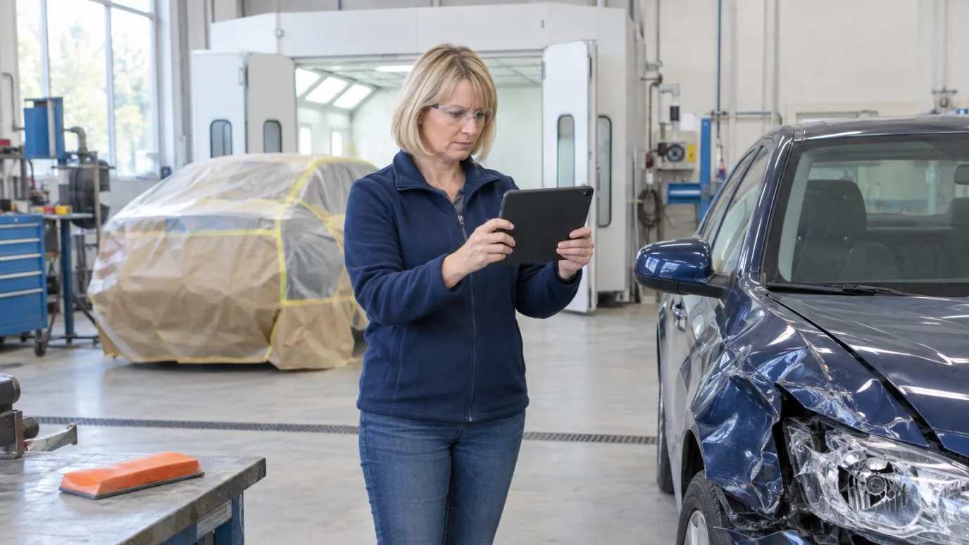 An estimator in safety glasses photographing a crumpled front fender on a blue sedan with a tablet in a body shop