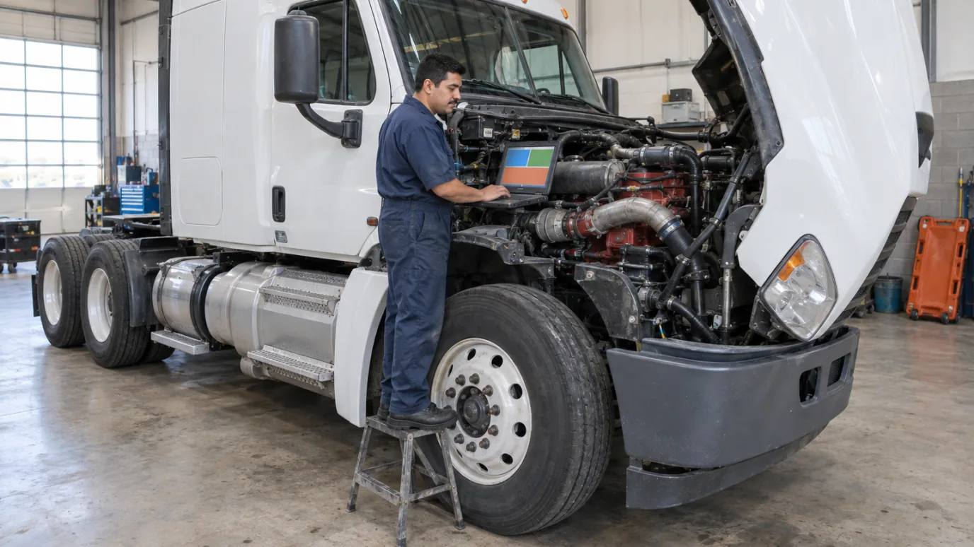 A technician standing on a step with a laptop at the exposed diesel engine of a white semi truck, its hood tilted forward in a repair shop