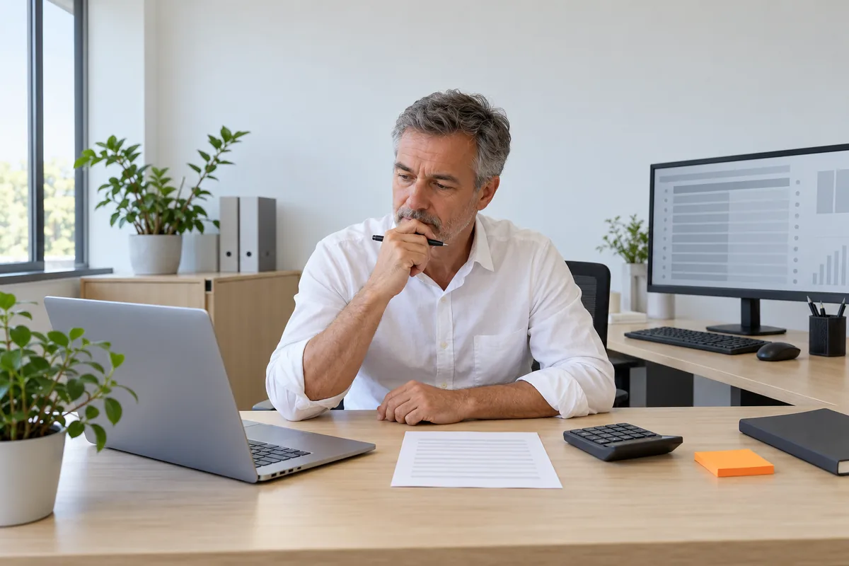 A grey-haired man in a white shirt sits thinking with a pen at a desk with a laptop, a printed sheet, a black desk calculator and an orange sticky pad.