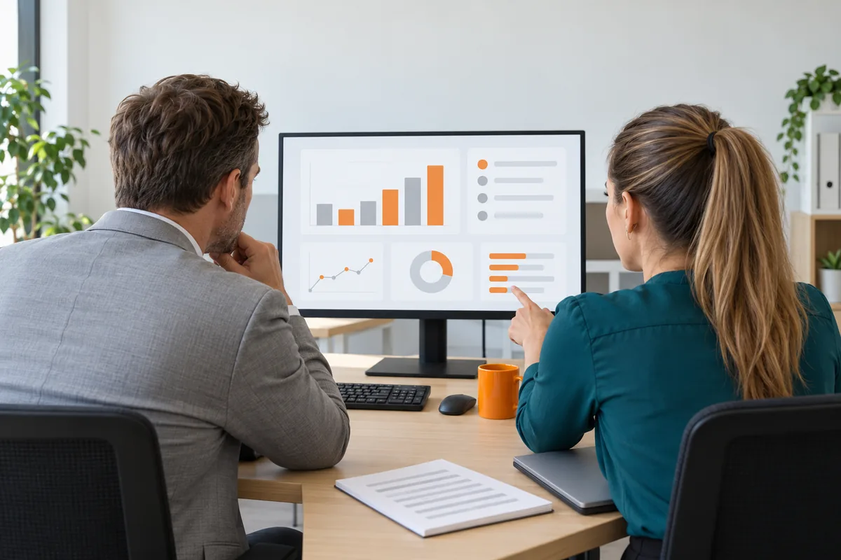 Seen from behind, a man in a grey suit jacket and a woman with a ponytail in a teal blouse study a monitor showing a dashboard of grey and orange charts, an orange mug on the desk.