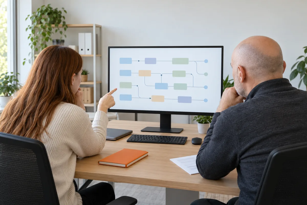 Seen from behind, a woman with long auburn hair in a cream cardigan points at a monitor showing rows of connected colored blocks while a bald man in a charcoal quarter-zip watches, an orange notebook on the desk.