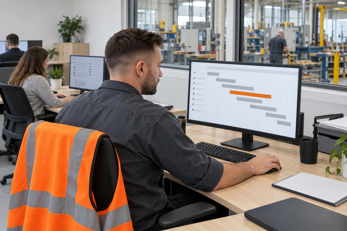 Seen over his shoulder in a factory office, a man in a charcoal work shirt reviews a schedule of grey bars with one orange bar, an orange safety vest on his chair and the shop floor through the window.