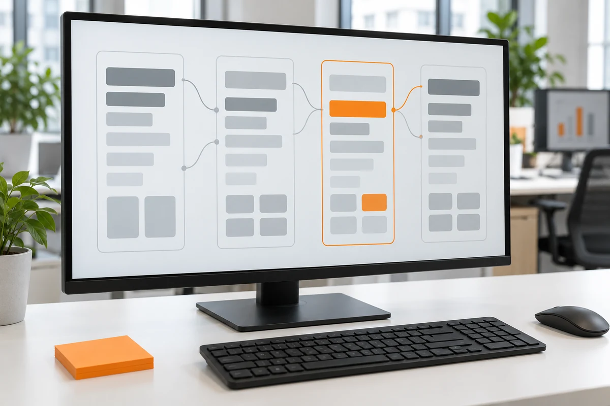 A monitor on a white desk shows an abstract dashboard of four grey bar panels side by side, one outlined in orange, with an orange sticky note pad in front of the keyboard.