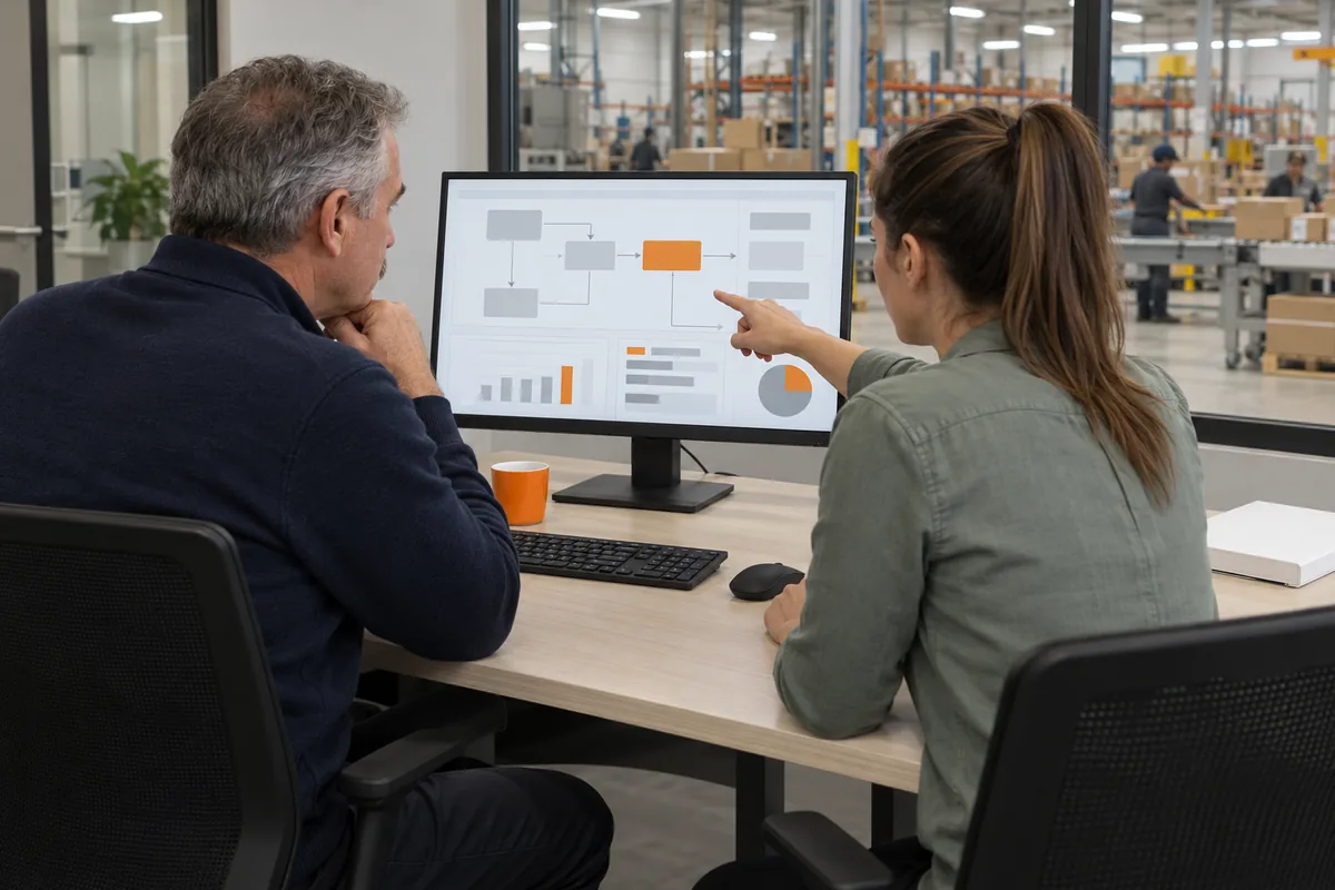 A woman in a sage green shirt points at a monitor showing a grey and orange flow of boxes for a man with a grey moustache, in a meeting room overlooking a warehouse floor.