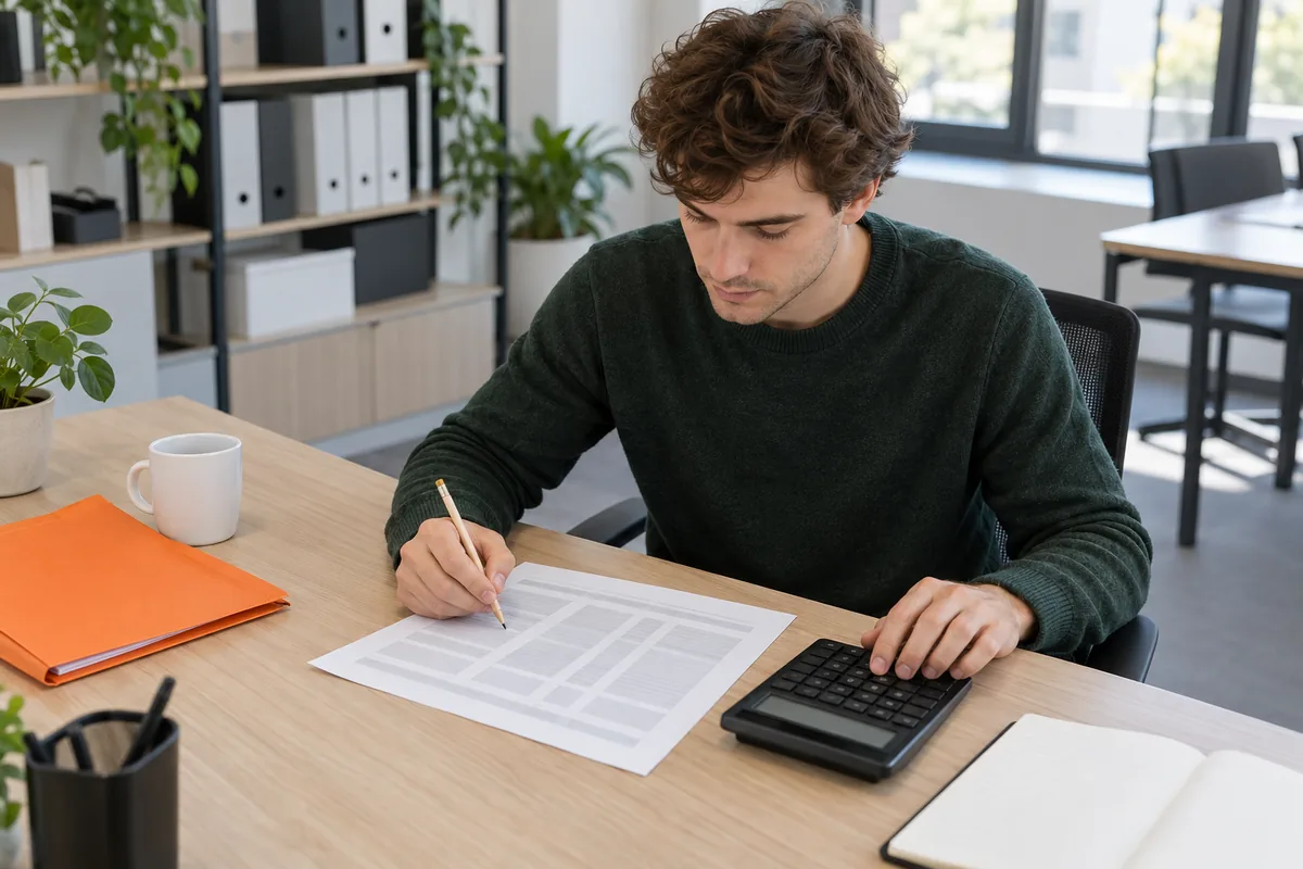 A young man with wavy brown hair in a dark green sweater works through a printed cost sheet with a pencil and a black calculator, an orange folder beside him.