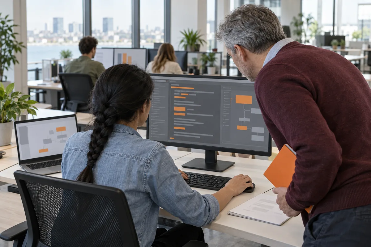Seen from behind, a woman with a black braid works at a monitor showing grey and orange code blocks while a grey-haired man in a burgundy cardigan leans in to review it, holding an orange notebook.