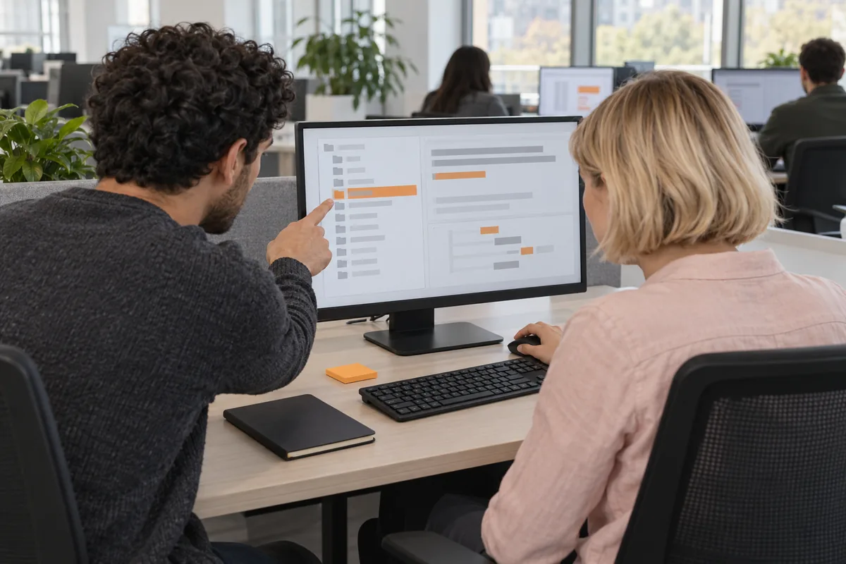 Seen from behind, a man with black curls in a charcoal sweater walks a woman with a blonde bob through a file tree on a monitor as she takes the mouse, an orange sticky note pad on the desk.