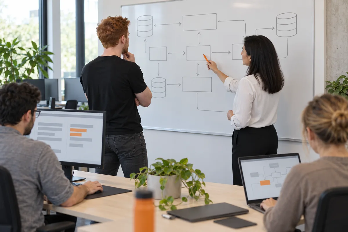 A man with short red hair and a woman in a white blouse study a data flow of boxes and arrows on a whiteboard as she points with an orange marker, while two colleagues work at desks in front.