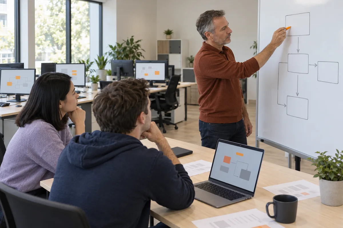 A man with grey stubble in a rust knit polo draws empty boxes and arrows on a whiteboard with an orange marker while a woman in a lavender sweater and a man in a navy hoodie watch.