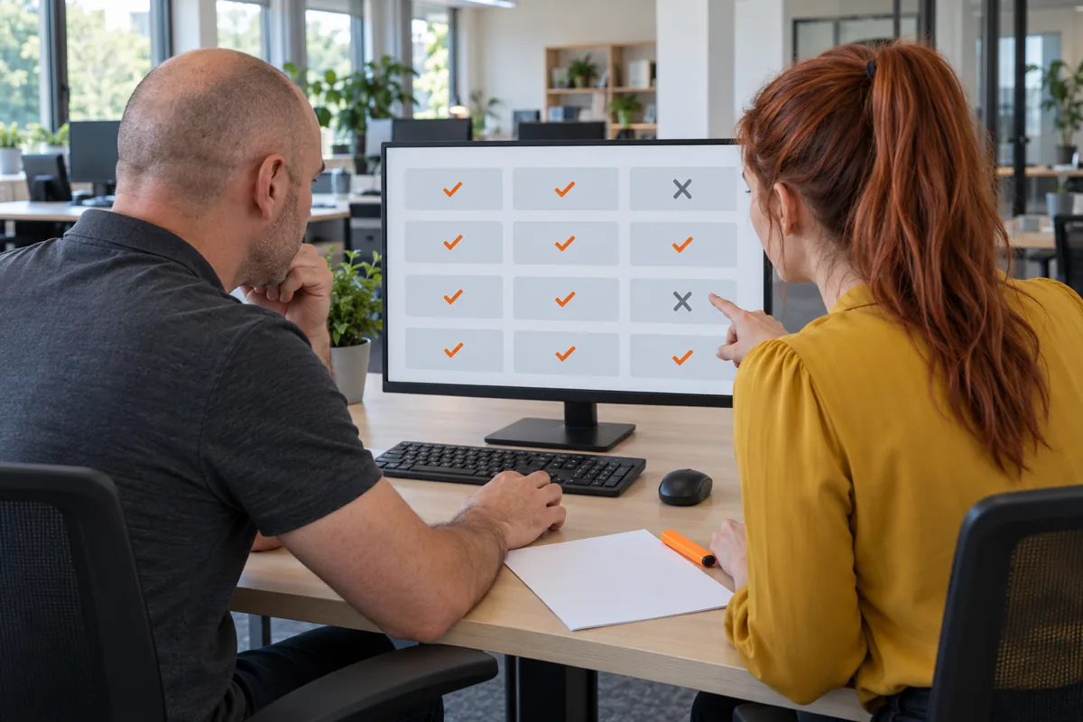 Seen from behind, a bald man in a charcoal polo and a woman with a red ponytail in a mustard blouse study a monitor grid of grey boxes with orange ticks and two grey crosses.