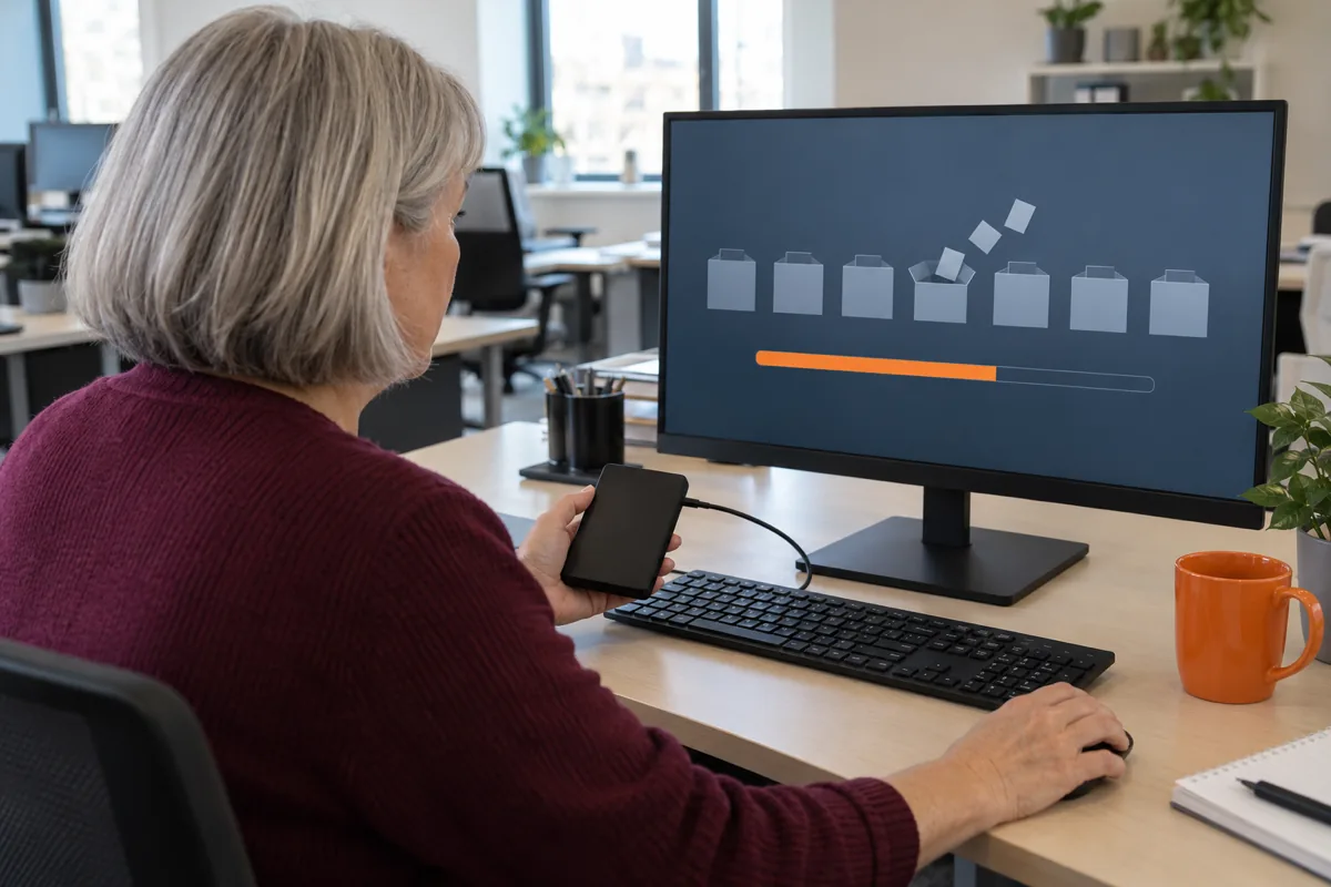 Seen over her shoulder, a woman with a silver bob in a burgundy cardigan holds a black external drive while her monitor shows grey boxes emptying and an orange progress bar, an orange mug beside the keyboard.