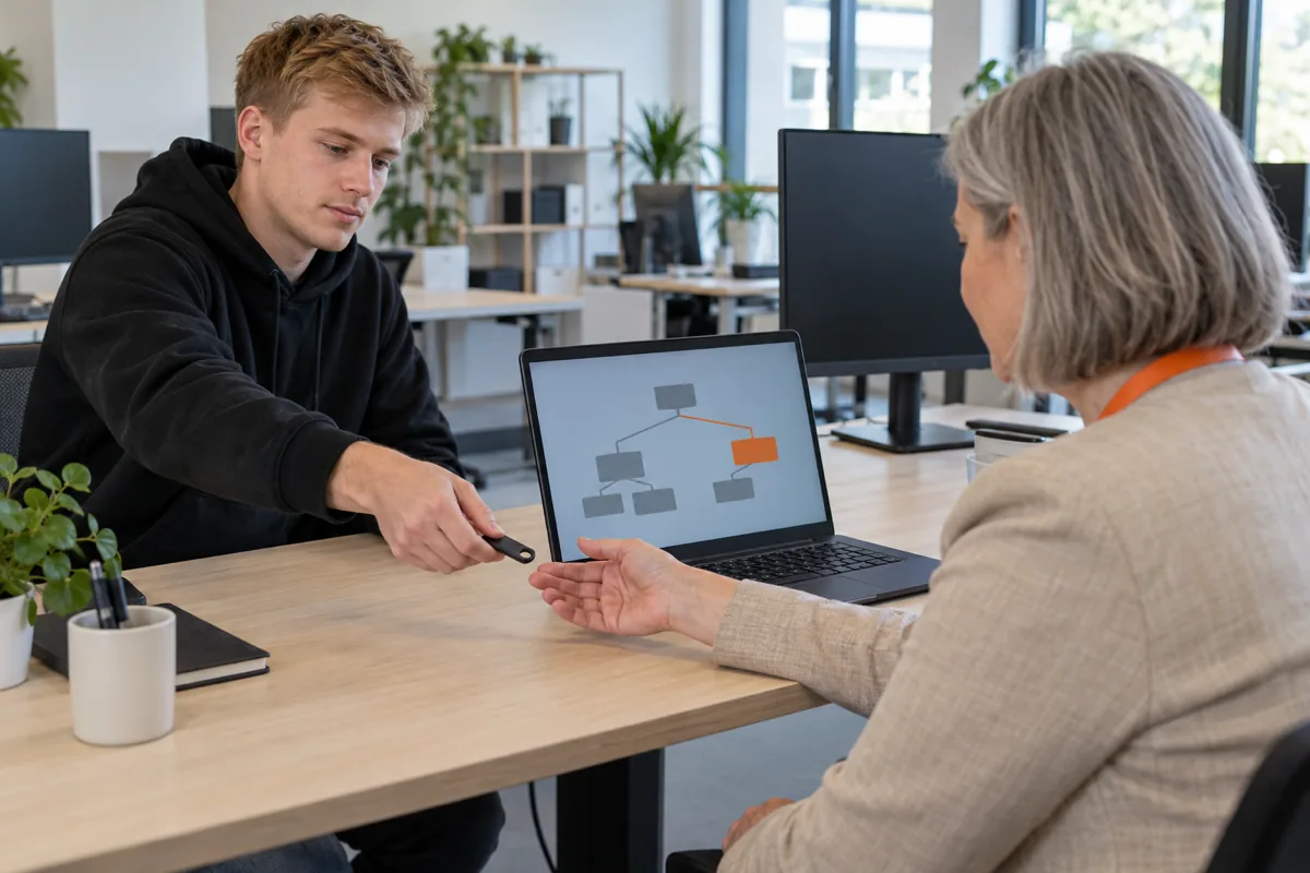 A young man in a black hoodie hands a black security key across a desk to a woman with grey hair in a beige jacket and orange lanyard, beside a laptop showing a tree of grey boxes with one orange branch.