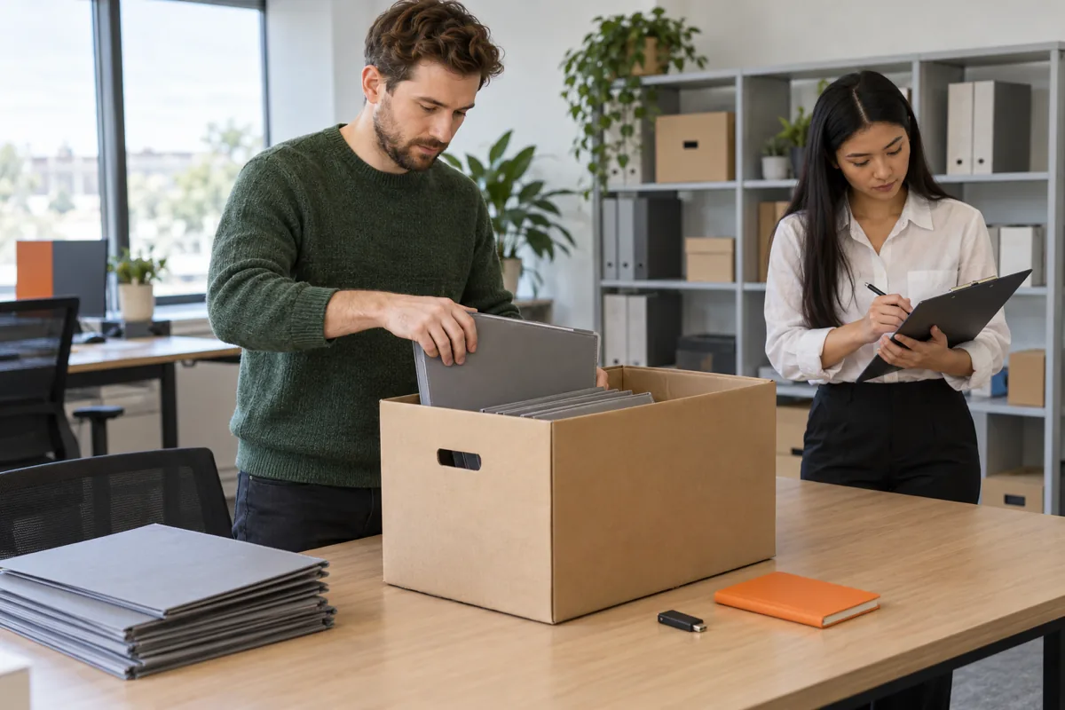 A man in a green sweater places grey folders into a cardboard archive box while a woman in a white shirt ticks items on a clipboard, with an orange notebook and a black USB drive on the table.