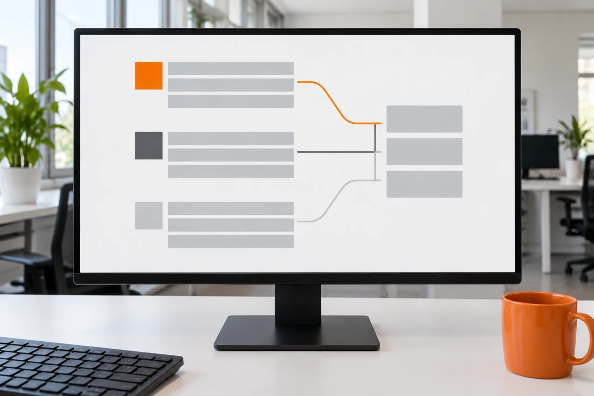 A monitor on a white desk shows an abstract support queue of grey bars in three groups led by orange, dark grey and light grey blocks, joined by thin lines to boxes on the right, beside an orange mug.