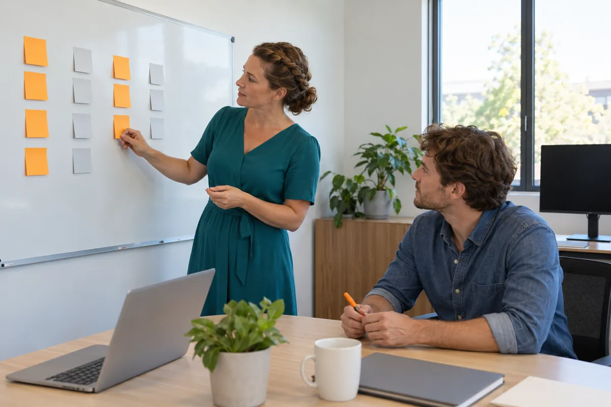 A woman in a teal dress arranges four columns of blank orange and grey sticky notes on a whiteboard while a man in a denim shirt holding an orange marker listens from the table.