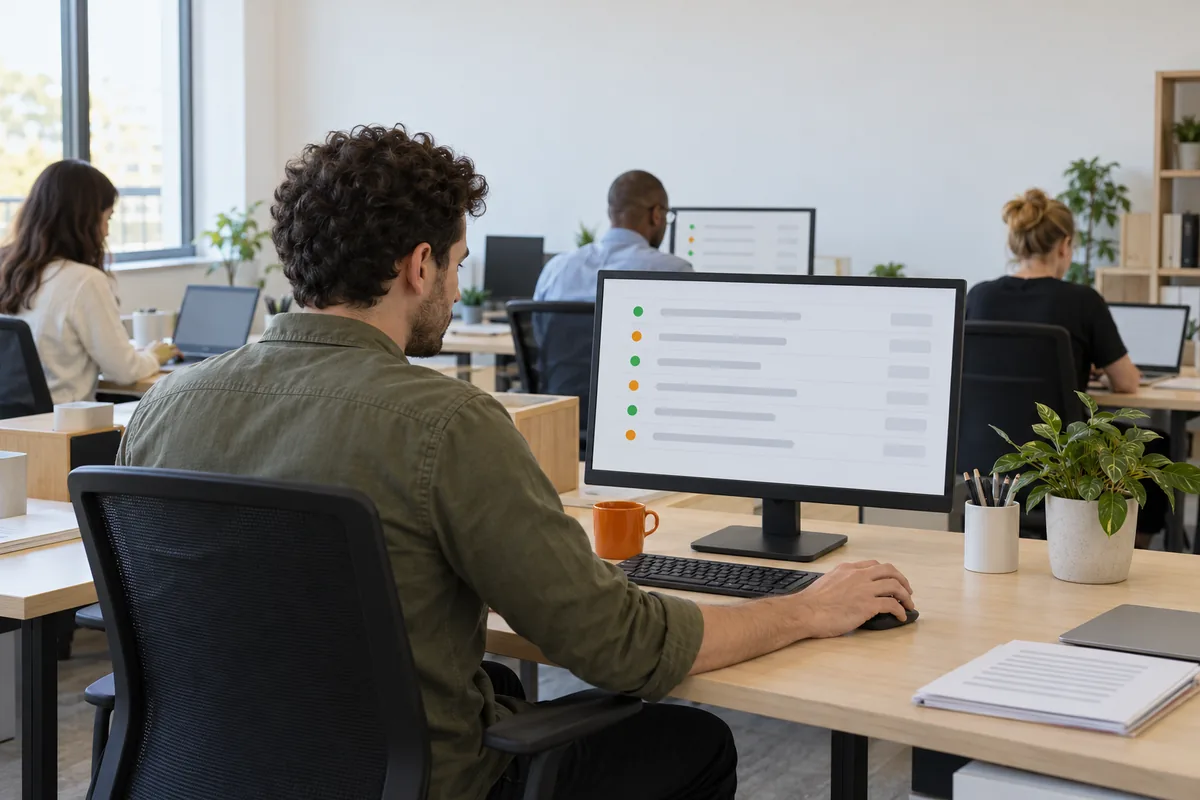 Seen over his shoulder, a man in an olive overshirt reviews a monitor showing a list of rows marked with green and orange dots, his hand on a black mouse beside an orange mug.