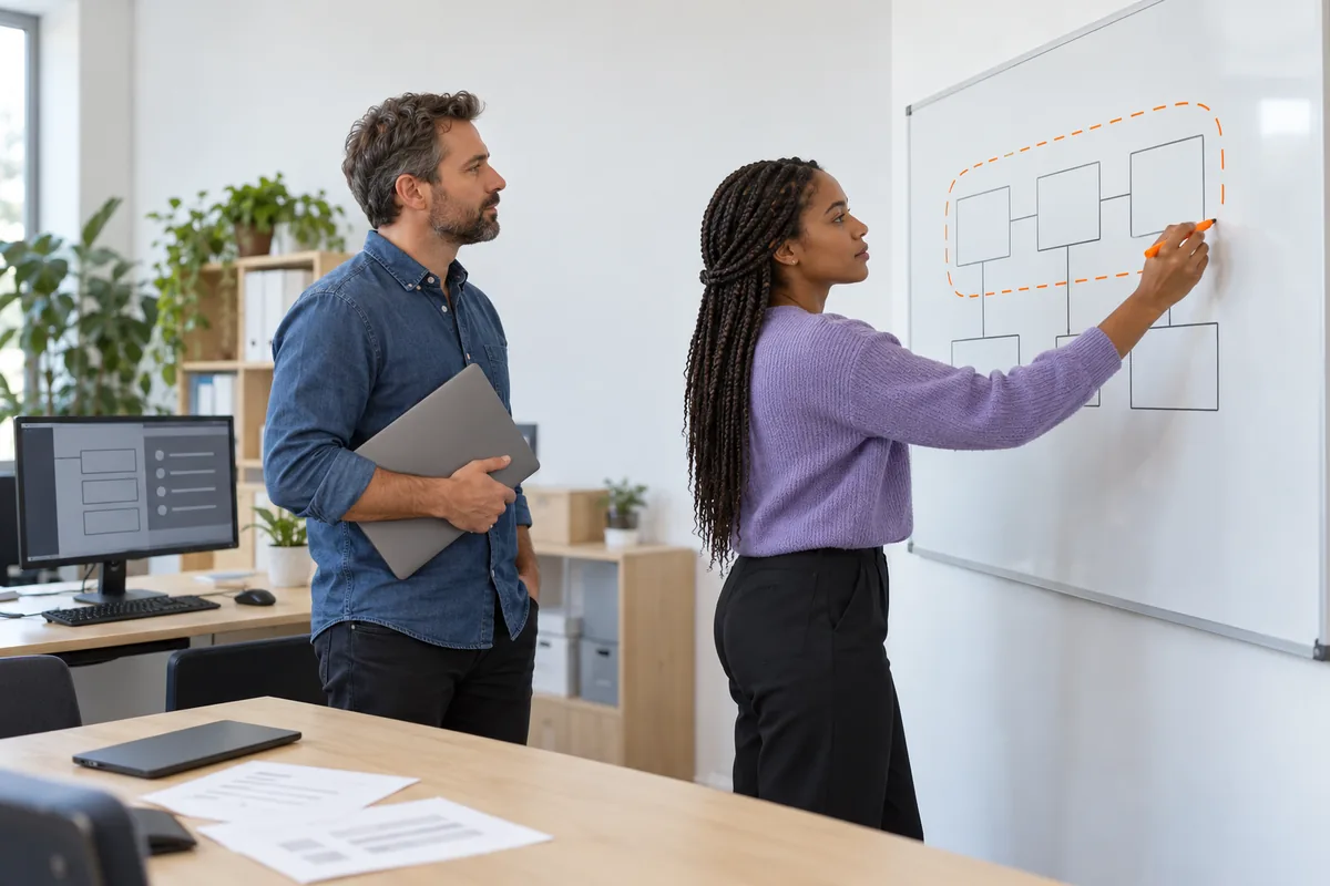 A woman with long braids in a lavender sweater draws a dashed orange line around three connected boxes on a whiteboard while a bearded man in a denim shirt holding a closed laptop watches.