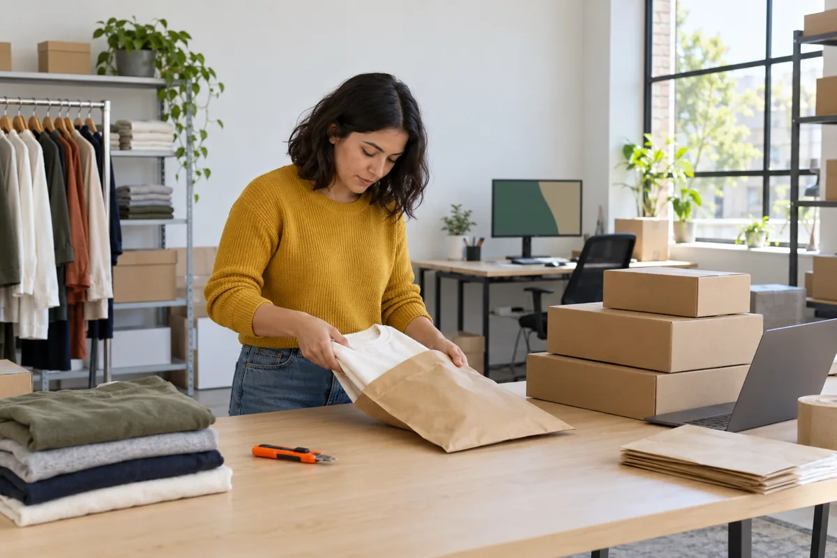A woman with a dark bob in a mustard sweater unpacks a plain cream shirt from a brown mailer at a long table with stacked boxes and an orange box cutter