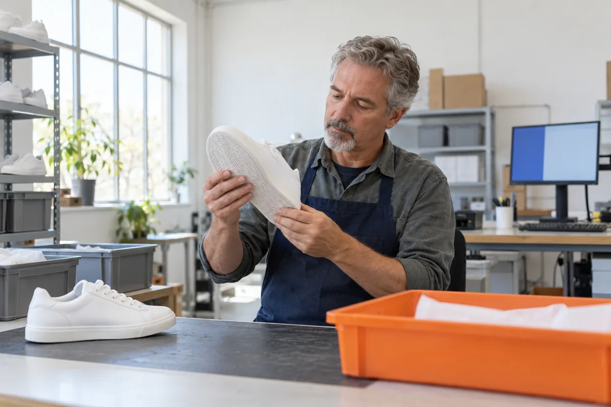 A man with a grey goatee and a navy apron holds up a plain white sneaker to check its sole at an inspection bench beside an orange bin