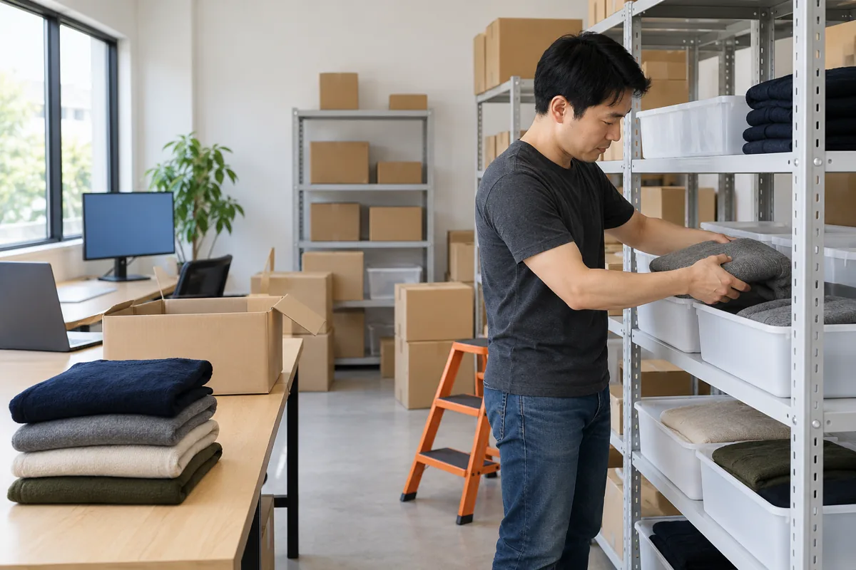 A man in a charcoal t-shirt places a folded grey sweater into a white bin on a metal shelf in a stockroom with an orange step stool