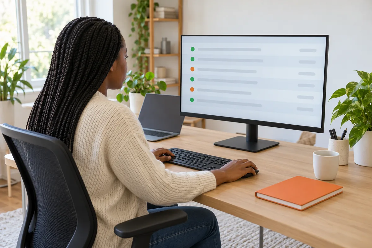 A woman with long braids in a cream cardigan sits at a desk looking at a monitor that lists grey rows marked with green and orange dots, beside an orange notebook