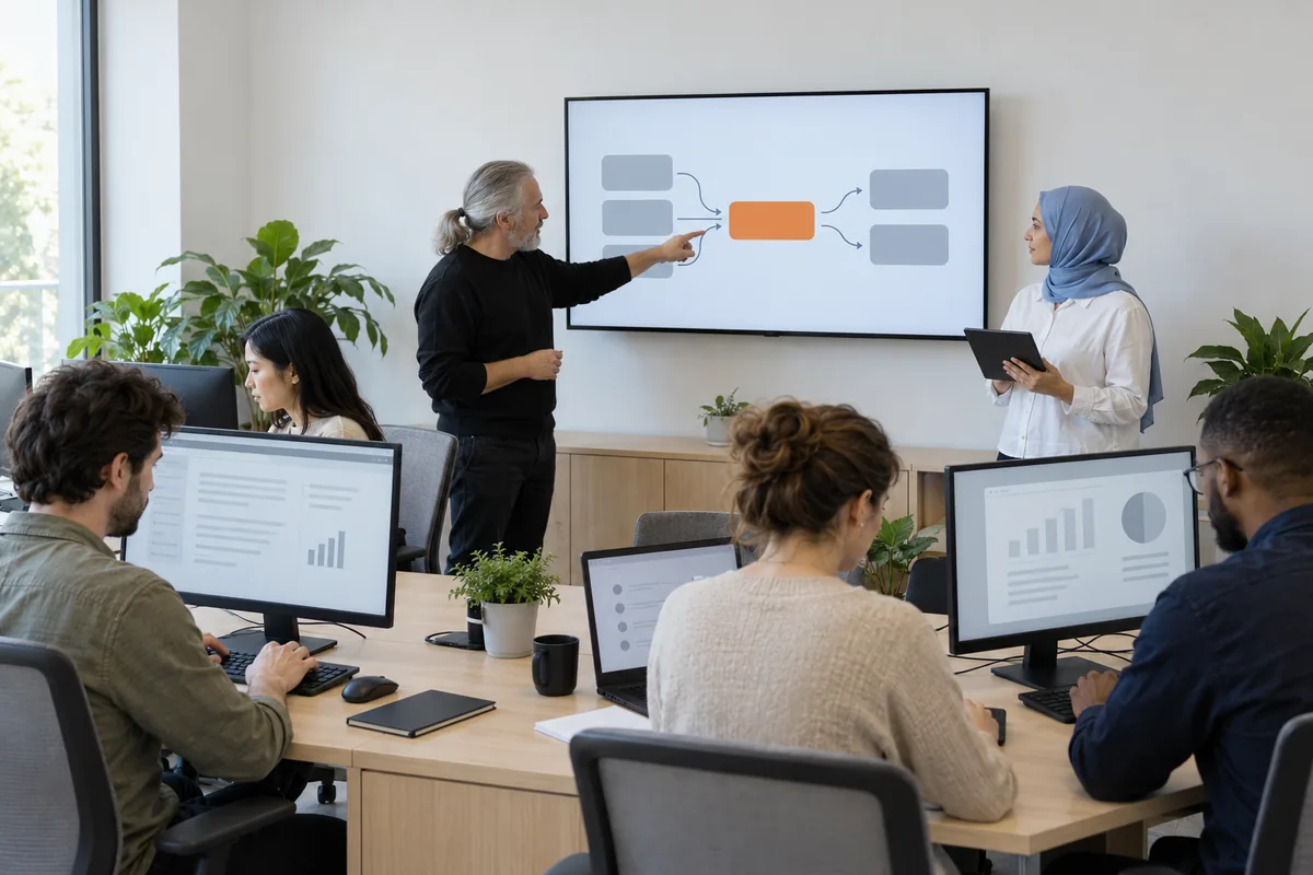 A man with a grey ponytail points at the orange box in a flow diagram on a wall display while a woman in a blue hijab holding a tablet listens and colleagues work at desks in front of them.