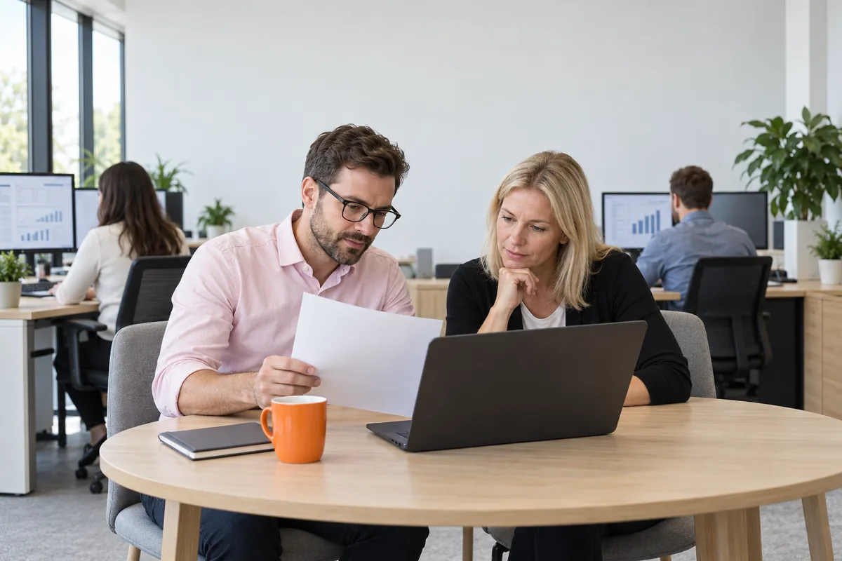 A man with glasses in a pink shirt holds a printed sheet beside a woman in a black cardigan as they compare it with a laptop at a round table, an orange coffee cup between them.
