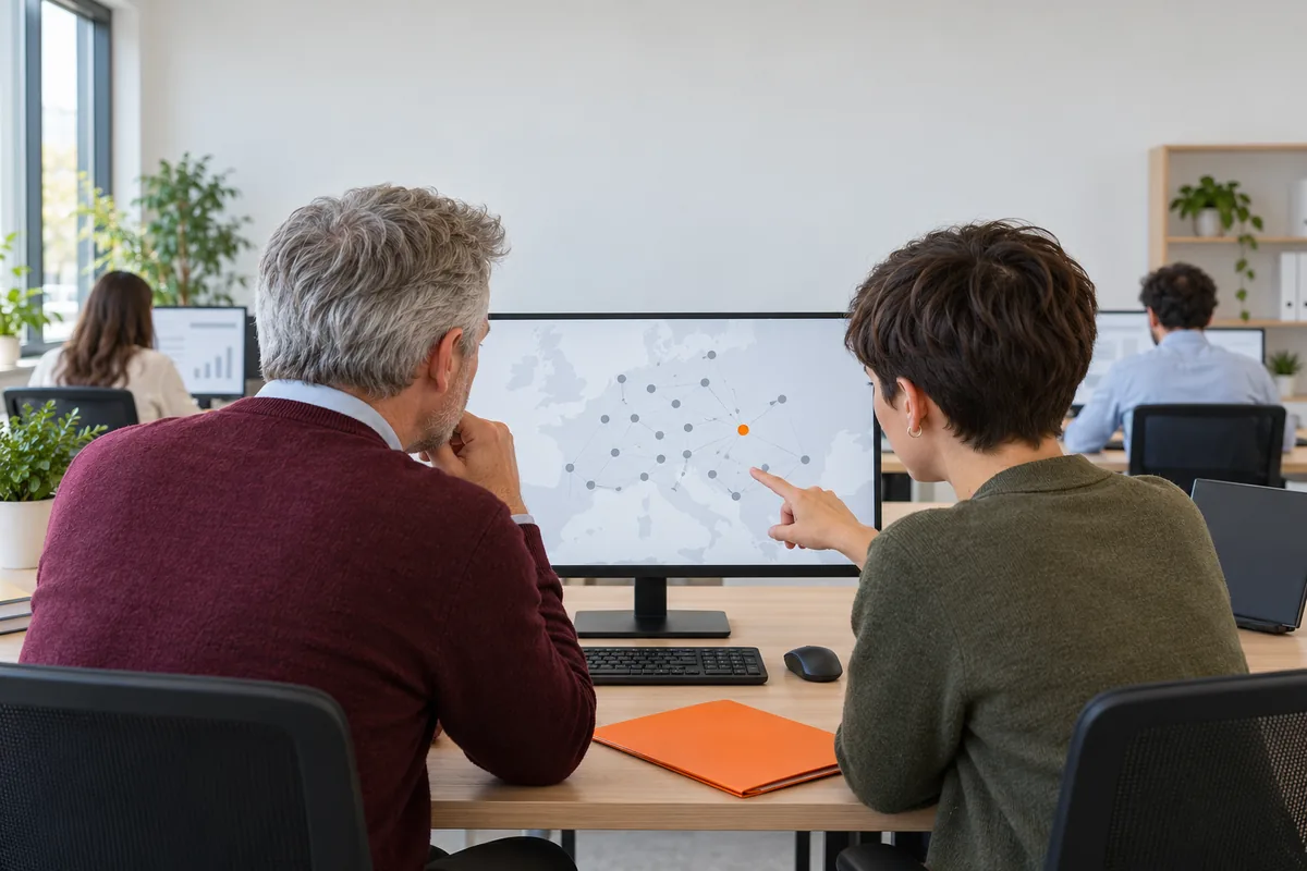 Seen from behind, a silver-haired man in a burgundy sweater and a woman with a pixie cut study a monitor showing a network of grey dots with one orange dot, an orange folder on the desk.