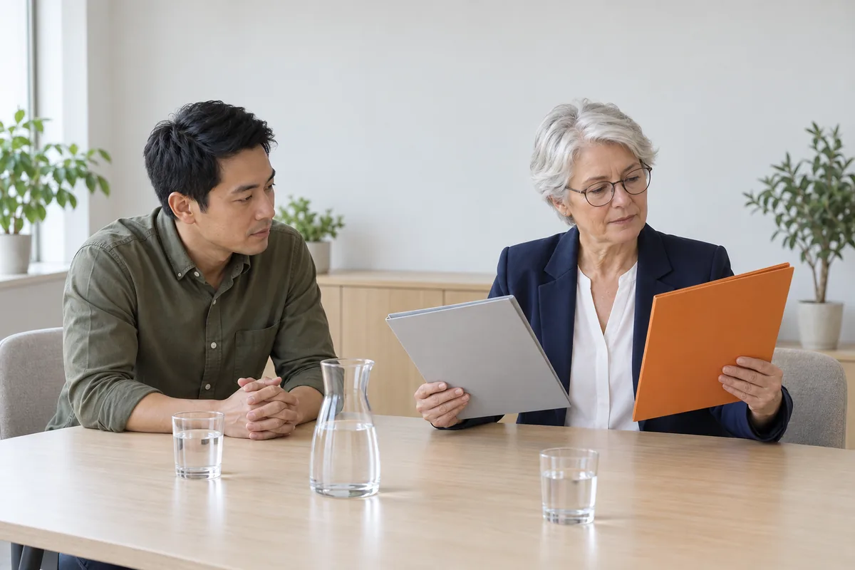A silver-haired woman in glasses and a navy blazer holds a grey folder in one hand and an orange folder in the other while a man in an olive shirt sits beside her with his hands clasped.