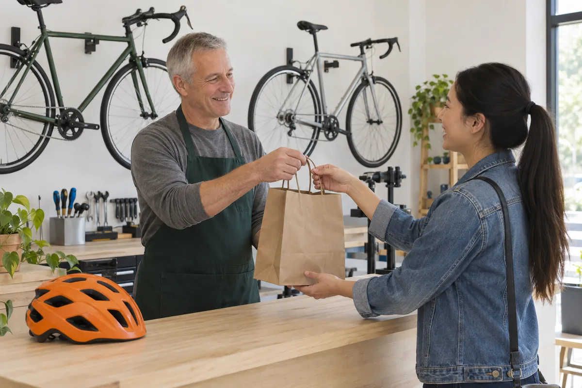 A grey-haired man in a dark green apron hands a brown paper bag across a wooden counter to a woman in a denim jacket, with two bicycles hanging on the wall behind him and an orange helmet on the counter.