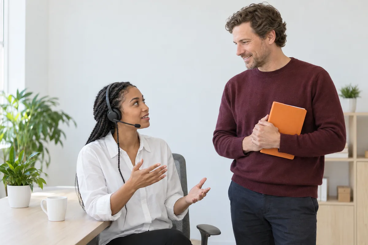 A woman with braided hair wearing a headset sits and talks with a standing man in a burgundy sweater who holds an orange notebook.
