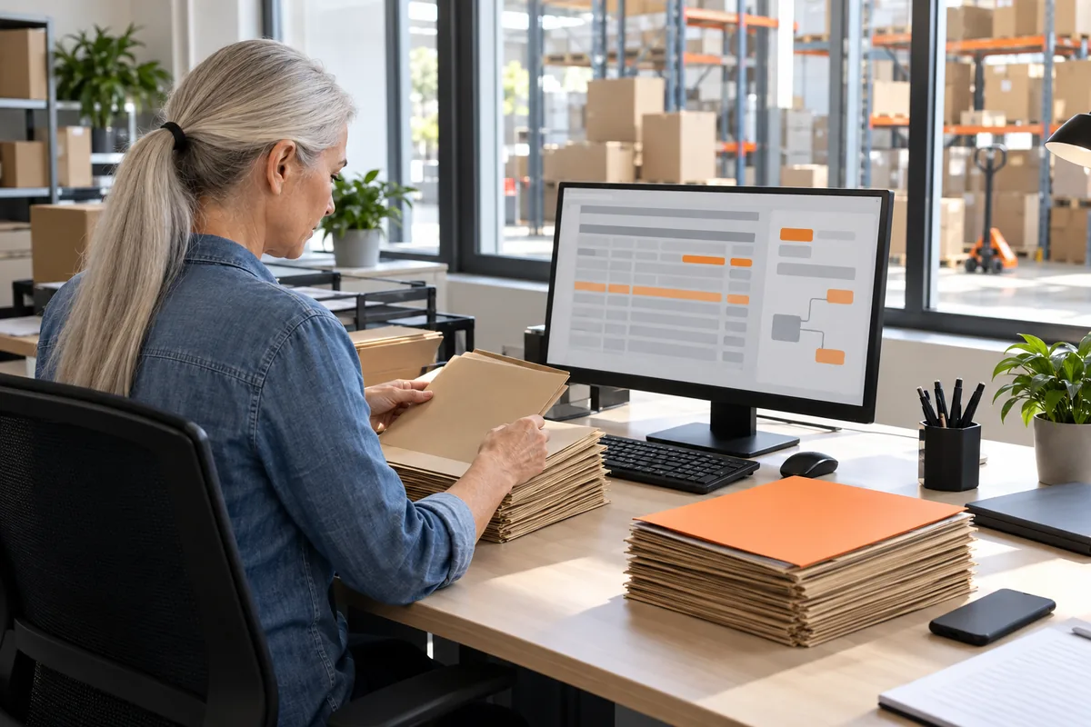 A woman with silver hair tied back in a denim shirt sorts plain cardboard file folders into two stacks beside a monitor showing grey rows and a few orange rows, an orange folder on top.