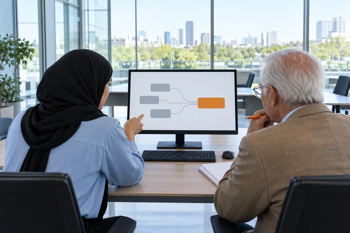 Seen from behind, a developer in a black hijab and a white-haired client in a tan blazer watch a monitor showing grey boxes linked to one orange box in a glass-walled meeting room.