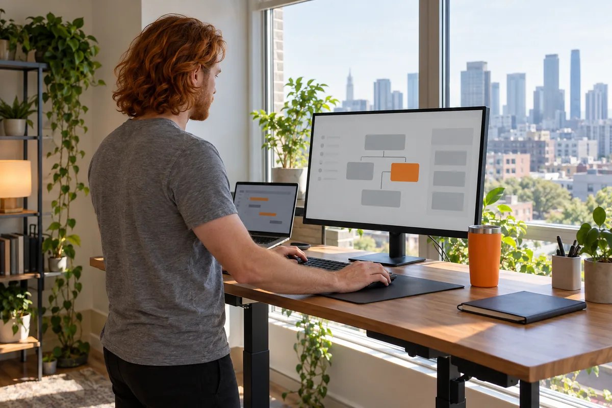 A young man with wavy red hair in a grey t-shirt works at a standing desk by a window, arranging grey layout blocks and one orange block on a monitor, an orange tumbler on the desk.