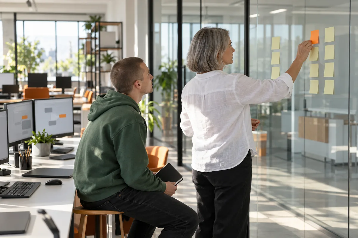 A woman with a grey bob in a white linen shirt moves a blank orange sticky note between columns of blank yellow notes on a glass wall while a young man in a green hoodie watches.