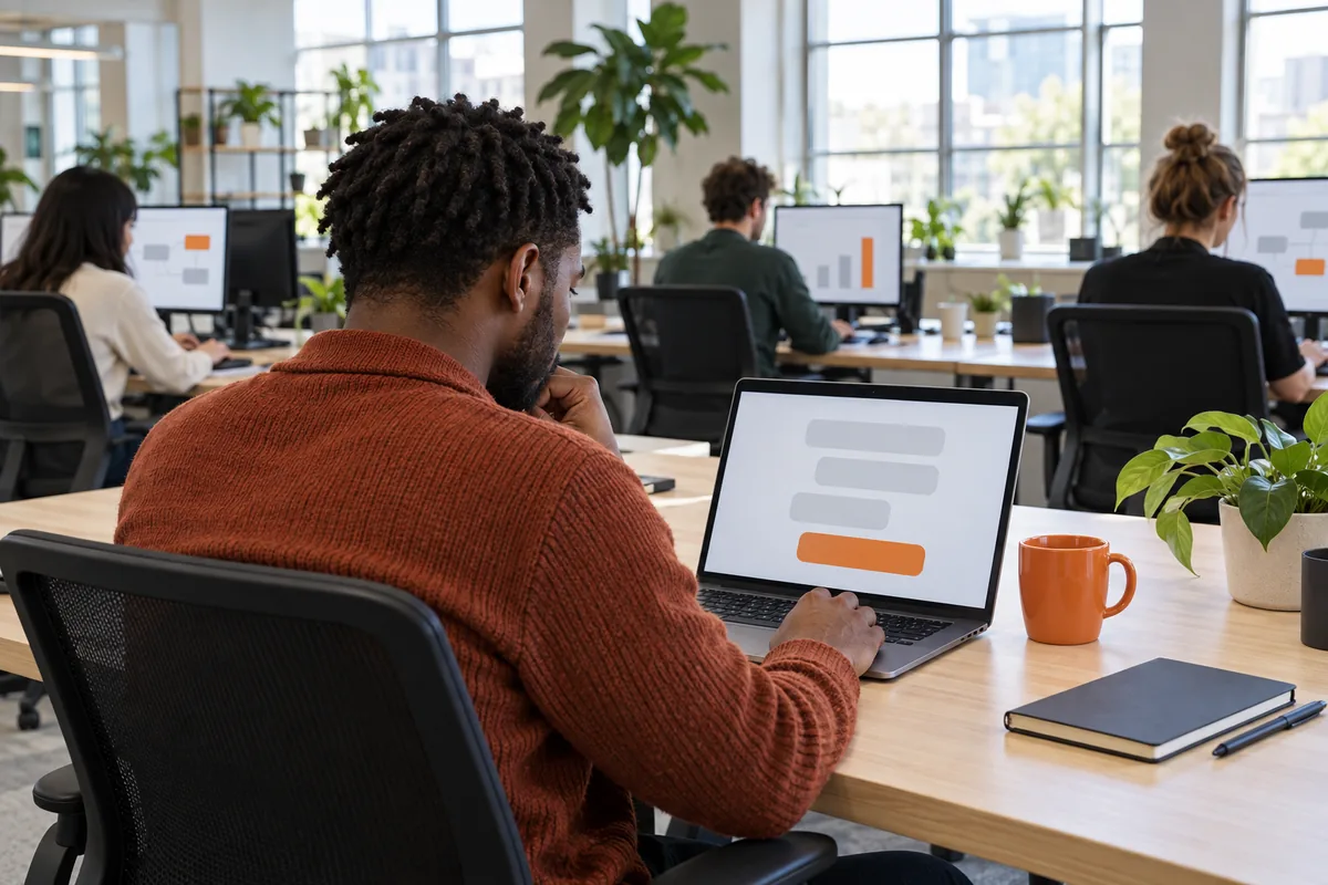 Over the shoulder of a man with short twists in a rust cardigan testing a prototype app on a laptop that shows grey message boxes and one orange box, an orange mug beside it.