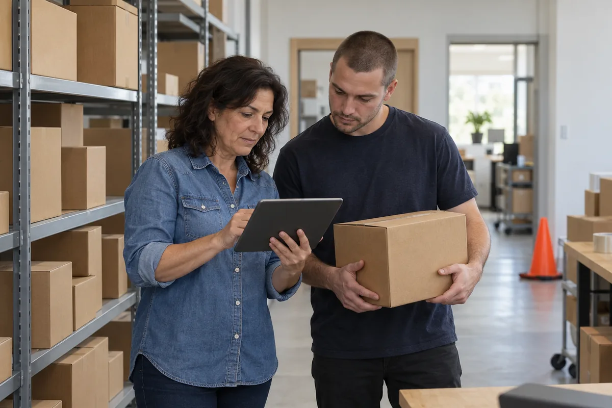 A woman with dark wavy hair in a denim shirt checks a tablet beside metal shelves of plain cardboard boxes while a man in a dark t-shirt holding a box looks on, an orange cone at the end of the aisle.