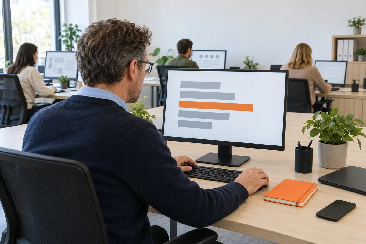 Seen over his shoulder, a man with glasses in a navy cardigan looks at a monitor showing five horizontal bars, four grey and one orange, an orange notebook by the keyboard.