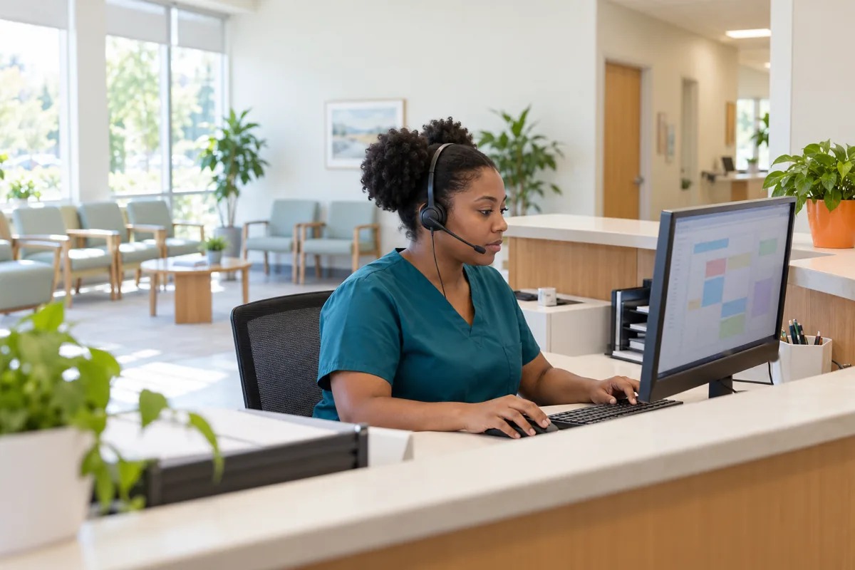 A receptionist in teal scrubs and a black headset works at the front desk of a bright medical practice, looking at a monitor with coloured calendar blocks