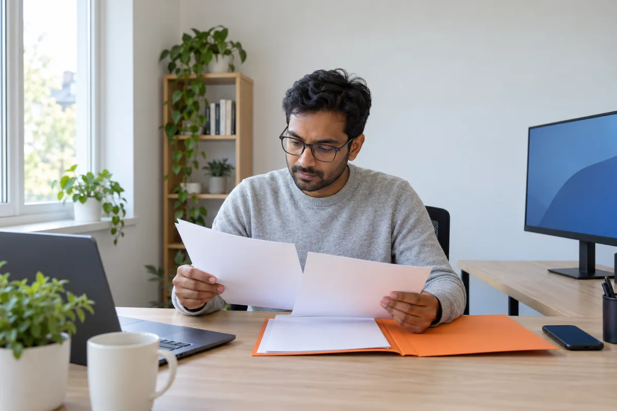 A man in glasses and a light grey sweater reads printed pages at a desk with an open orange folder and a laptop