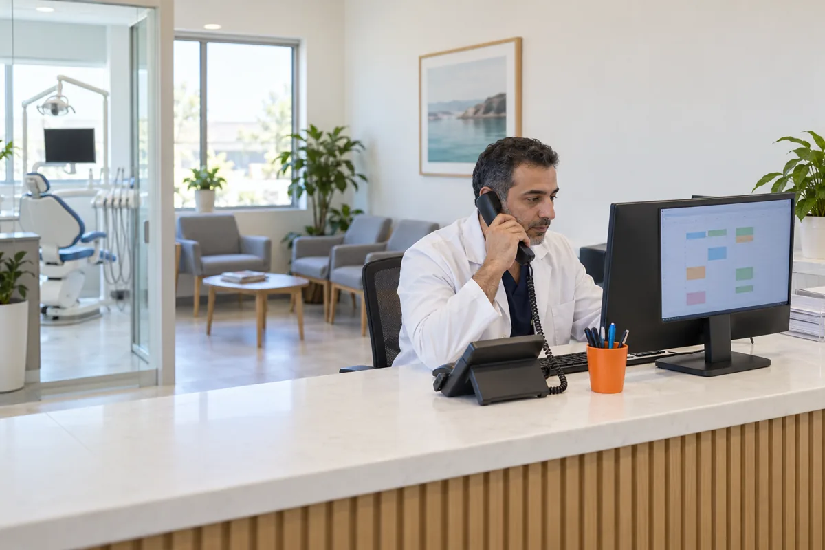 A man in a white coat at a dental clinic reception counter holds a black desk phone to his ear while looking at a monitor with coloured calendar blocks, beside an orange cup of pens