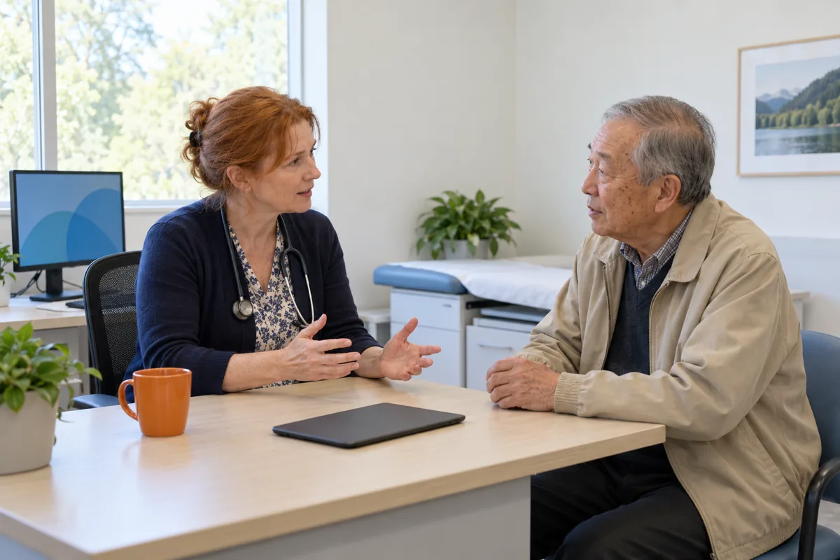 A physician in a navy cardigan talks with an older man in a beige jacket across a small desk, with a tablet lying face down and an orange mug beside it