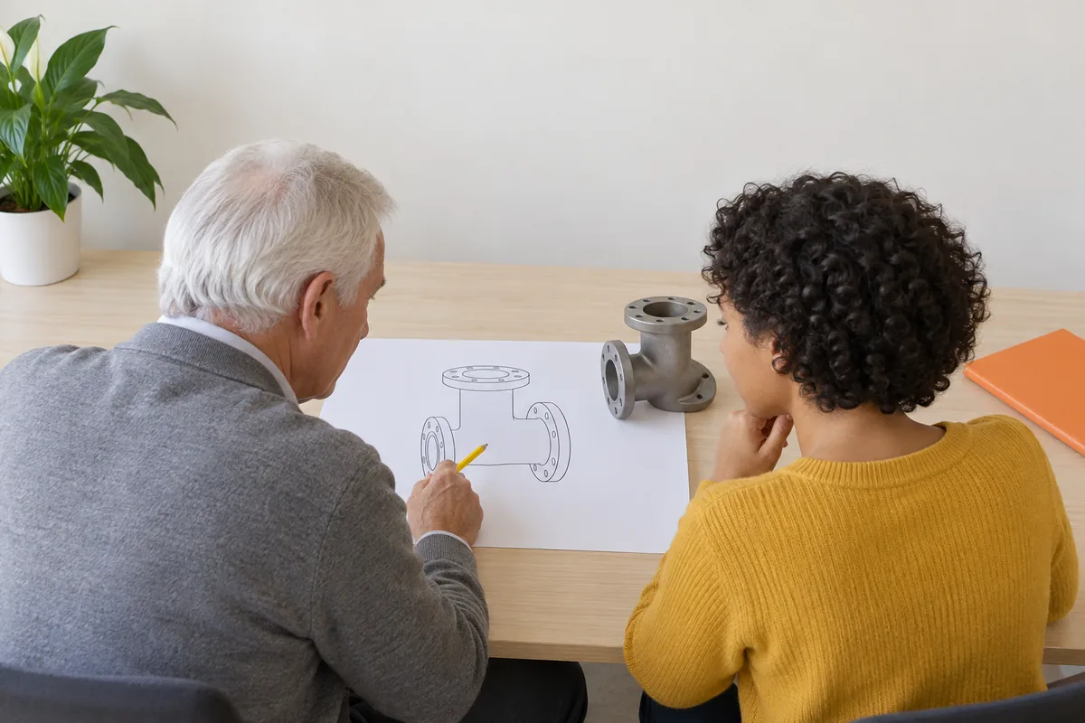 Two people seen from behind at a wooden table look at a large sheet with an outline drawing of a flanged pipe fitting, with the real steel fitting and an orange folder beside it