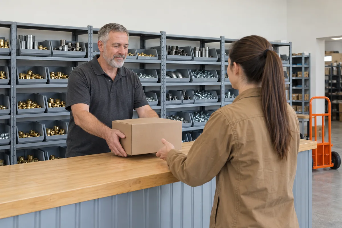 A man behind a wooden parts counter slides a plain cardboard box to a woman seen from behind, in front of shelves of grey bins holding brass and steel fittings