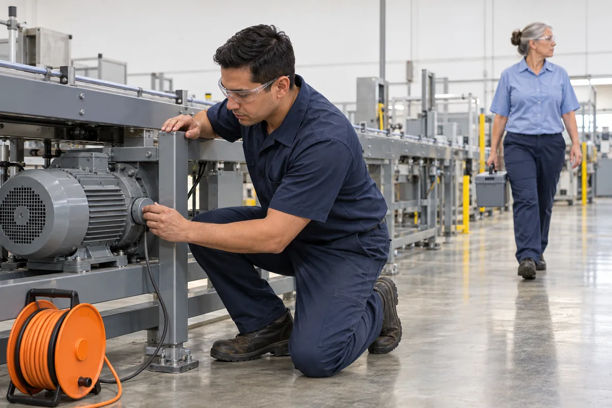 A man in safety glasses kneels beside a grey electric motor on a conveyor line and presses a small round sensor onto it, with an orange cable reel on the floor and a woman carrying a toolbox behind him